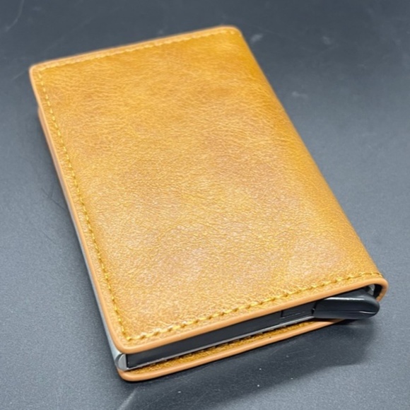 Slim Brown Yellow Men's Mini Pop Up RFID Leather Wallet Brand New - Picture 2 of 5